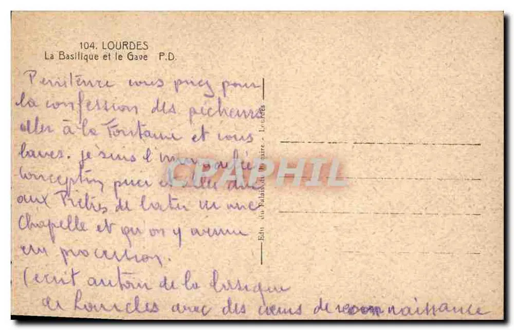 Lourdes — La Basílica y el Gave — Editor P.D. n°104 - Reverso