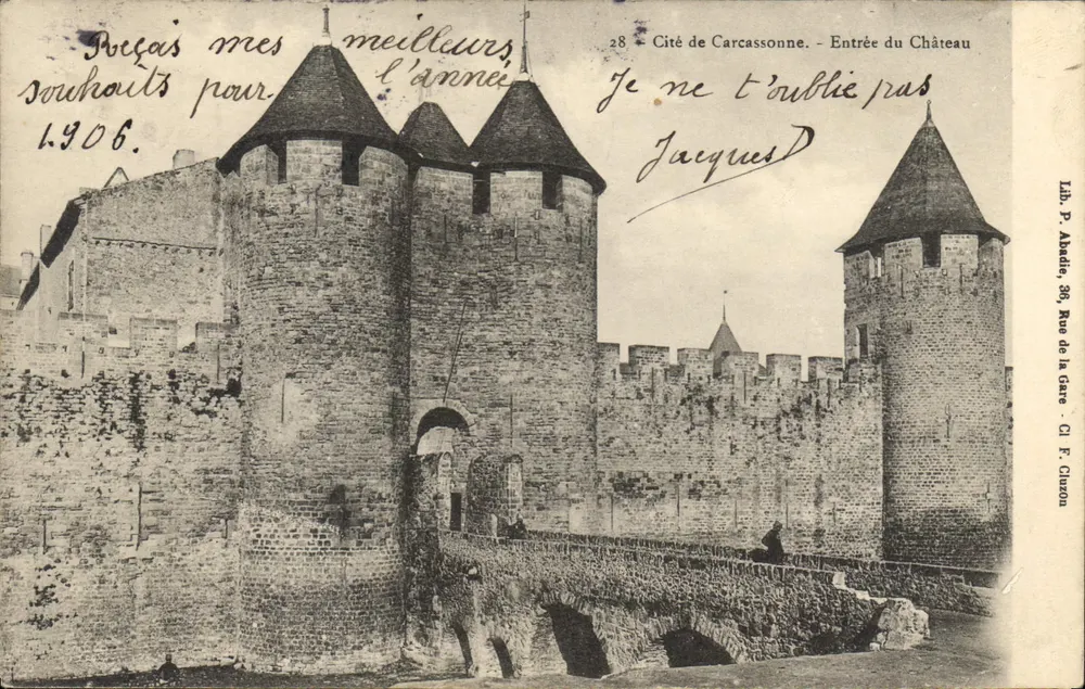 Cidade de Carcassonne — Entrada do Castelo — Lib. P. Abadie, 38, Rua da Gare, CI F. Chazon - Frente