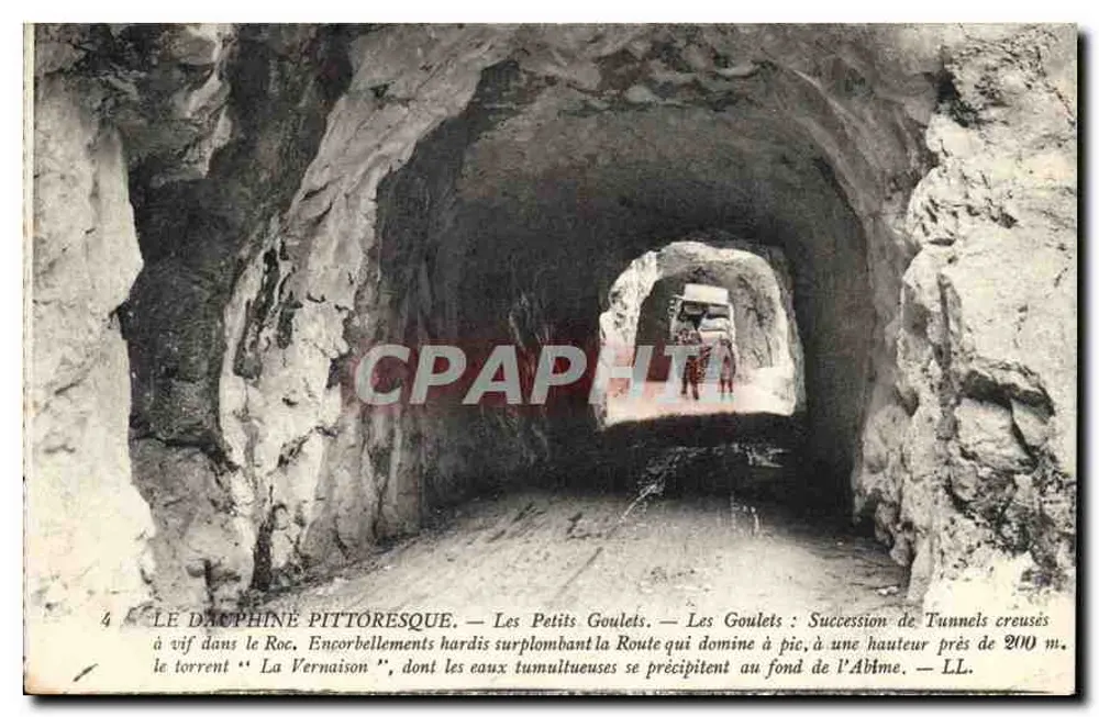 Les Goulets — Reihen von Tunneln, direkt in den Felsen gemeißelt, überblicken die Straße, die den Bach 'La Vernaison' dominiert — LL - Vorderseite