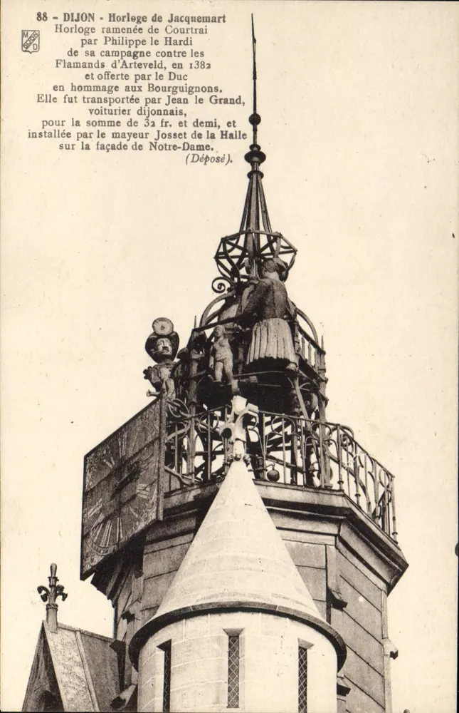 Dijon - Relógio de Jacquemart — Relógio trazido de Courtrai por Felipe o Bravo, oferecido aos Borgonheses em 1382, instalado na fachada da Notre-Dame - Frente