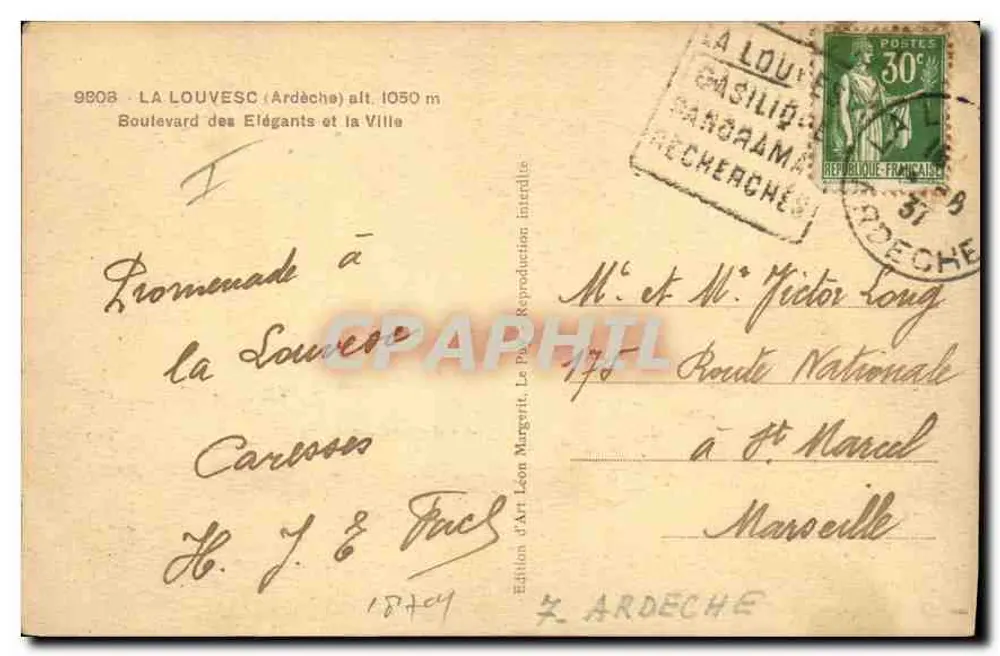 La Louvesc (Ardèche) — Boulevard des Élégants und die Stadt — Édition d'Art Léon Margerit - Rückseite