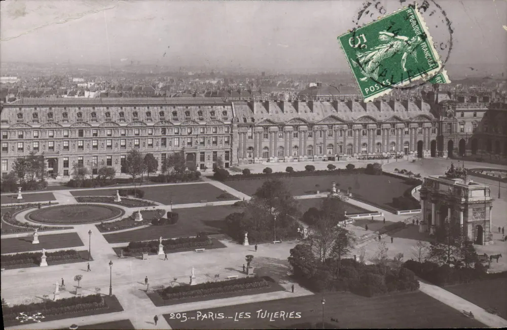 Paris—Les Tuileries — vue aérienne du jardin et du palais, éditeur 'Postes' n°205 - Frente
