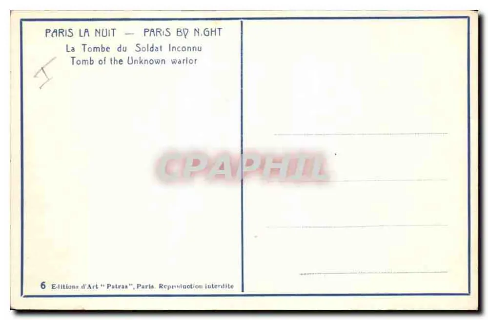 Die Grabstätte des Unbekannten Soldaten — Paris — Editions d'Art 'Patras' - Rückseite