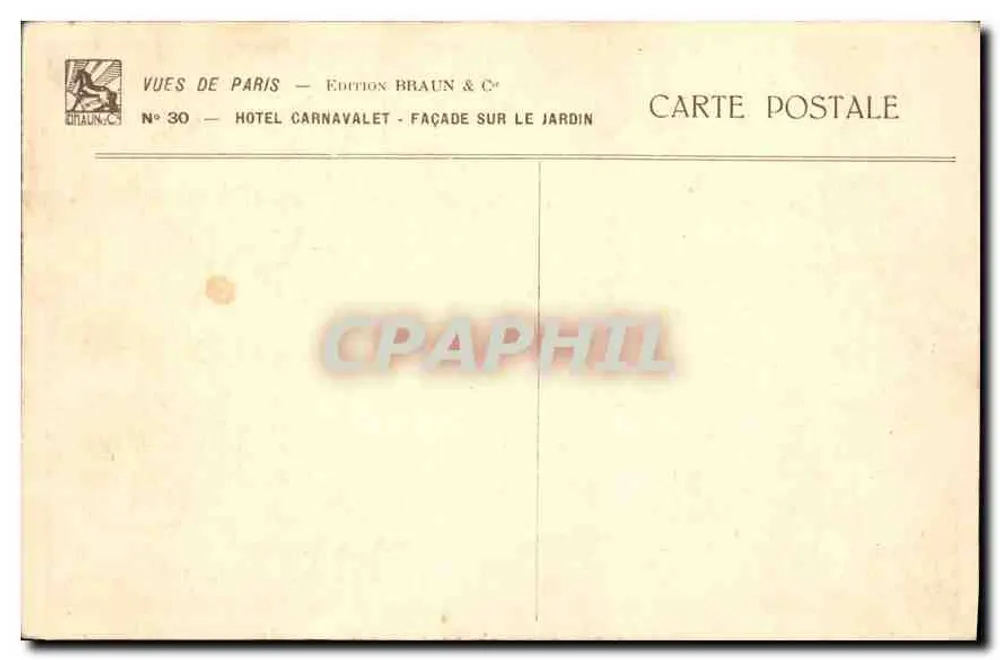 Hôtel Carnavalet — façade sur le jardin — Édition Braun & Cie, N° 30 - Verso