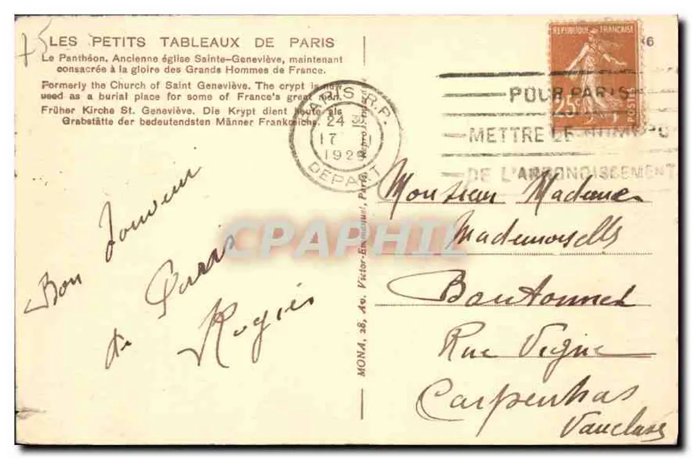 Le Panthéon — éditeur Mong, Paris - Verso