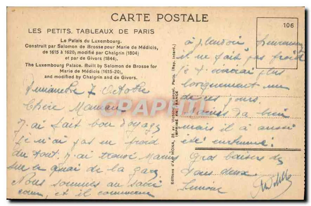 Palazzo del Luxembourg — Parigi — editore Mona, n° 106 - Verso