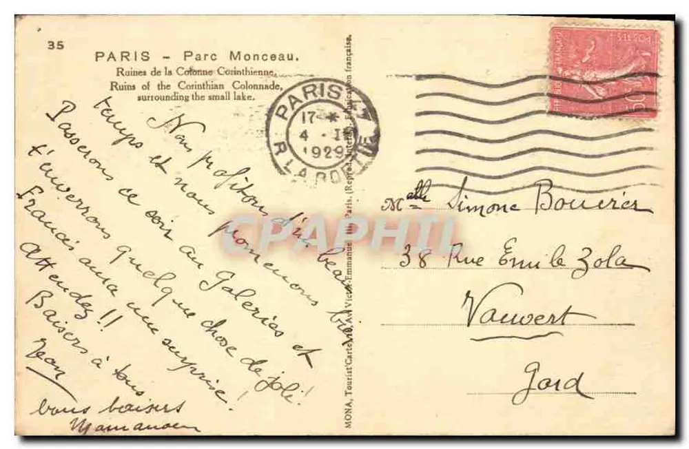 Ruínas da Coluna Corintha — Parc Monceau — editor Mona, n°35 - Verso