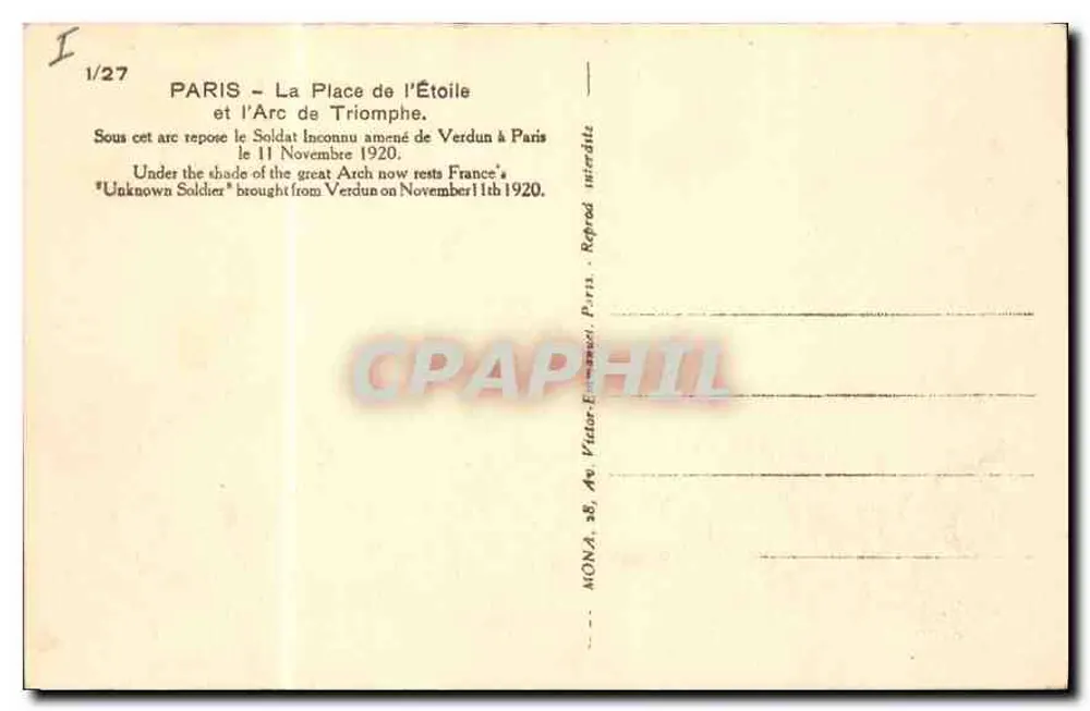 Paris - O Arco do Triunfo — Praça da Estrela — editor MONA, n°1/27 - Verso