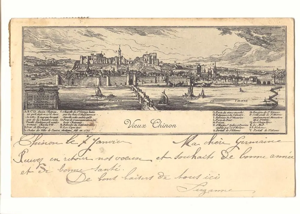 Velha Chinon — vista panorâmica com legendas — gravura de Charles D'Orne, datada 1772 - Frente