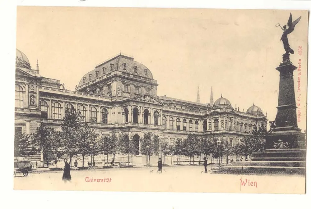 Uniwersytet w Wiedniu — widok głównego budynku z figurą anioła — Stürga & Co. Berlin n. Dresden 4532 - Awers