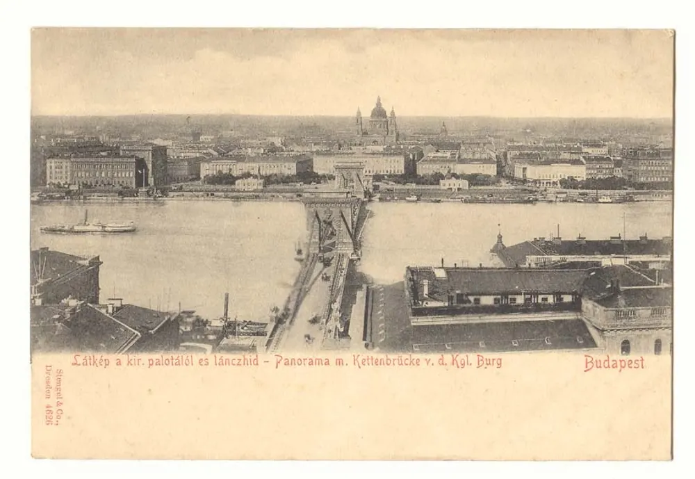 Panoramablick auf Budapest — Kettenbrücke und Kathedrale — Verlag Stimpel & Co. Nr. 4026 - Vorderseite