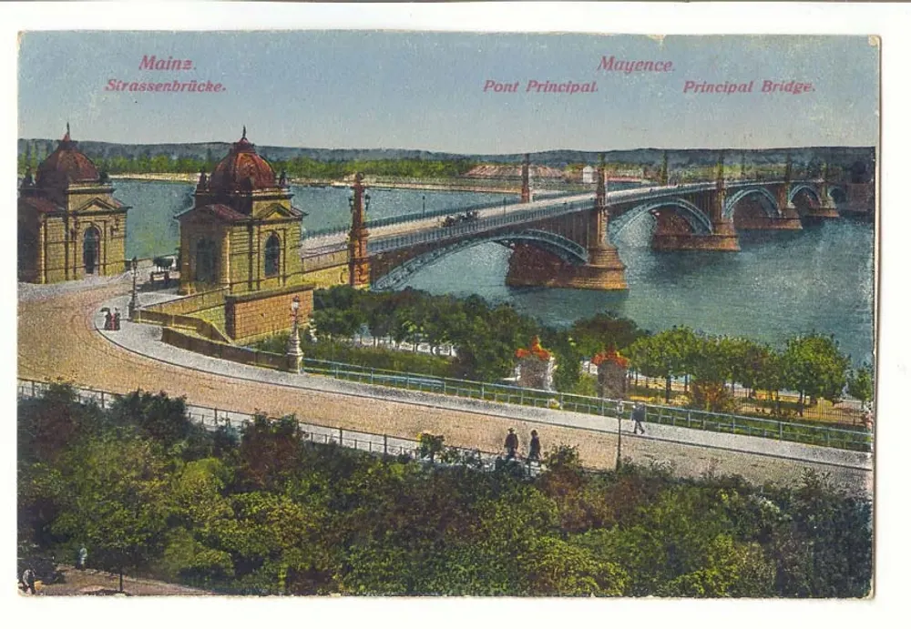Mainz. Strassenbrücke. — Mainbrücke. — Mayence. Hauptbrücke. - Vorderseite