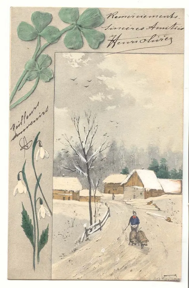 Winterlandschaft — schneeverdecktes Dorf mit Schäfer und Schafen — unbekannter Verlag, Seriennummer nicht sichtbar - Vorderseite