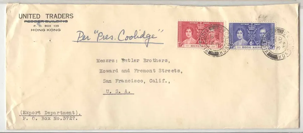 Hong Kong 1937 mit Krönungs-Emission an die USA per Präsident Coolidge (lettre cover) - Vorderseite