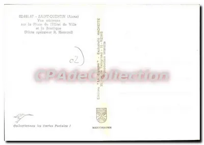 Saint-Quentin (Aisne) — Widok z lotu ptaka na placu Hôtel de Ville i Bazylice — Wydawnictwo Hachette — Rewers