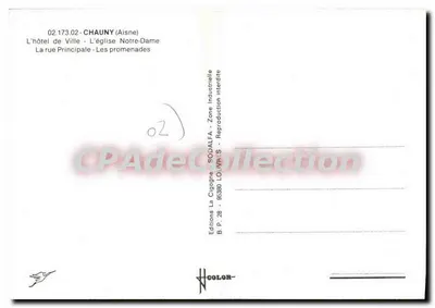 Chauny — vista do hotel de cidade, da igreja Notre-Dame, da rua principal e das promenades — Edição La Cigogne — Verso