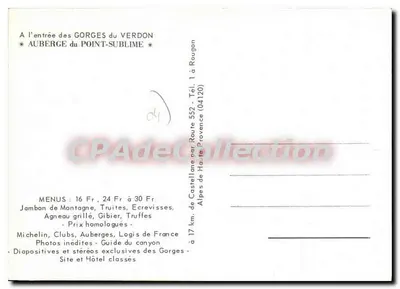 Gorges do Verdon — Auberge do Point-Sublime — editor CPAdeCollection — Verso