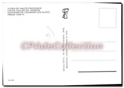 Colmars les Alpes — widok panoramiczny z wioską, owcami, wieżą i mostem — Wydawnictwo SE.P.T. nr 241/84 — Rewers