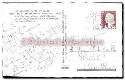 पुराना पोस्टकार्ड ग्रैंड अल्प्स शीतकालीन सेंट वेरान बर्फ के नीचे यूरोप के सबसे ऊंचे बसे हुए गांव के एक कोना — पीछे