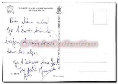 Embrun — la NICE des ALPES — Ed. J. CELLARD, n° 1520 — Verso