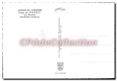 Gorges dell'Ardèche — Campo dell'U.A.S.P.T.T. 'Les Blachas' — Salavas (Ardèche) — editore IRIS — Verso