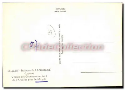 Vila das Cévennes perto de Mayrès — (Lozère) — Sociedade das Cartas Postais APA-POUX - ALBI — Verso