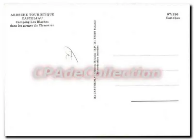 Camping Les Blaches — Ardeche — editor ARDECHE TOURISTIQUE CASTELJAU, n° 07/196 — Verso