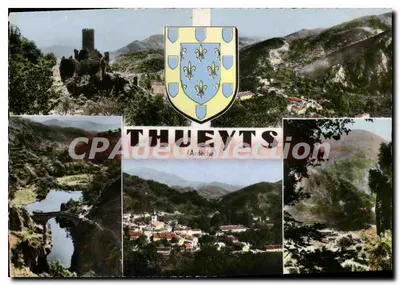 Thueyts — Ardèche — vista panorâmica com castelo, ponte e aldeia — CPAPHIL