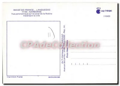 Stara pocztówka Image de France Languedoc Narbonne Widok panoramiczny na kanał Robine przekraczający miasto — Rewers