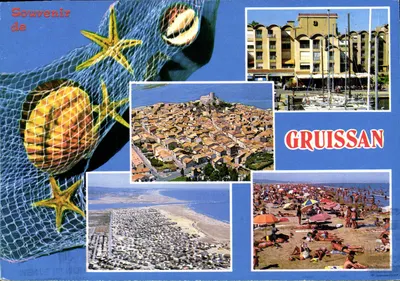 Gruissan — vista panorâmica, praia, porto e castelo — editor 'Souvenir de' e número de série 'WEM.L. 1000'