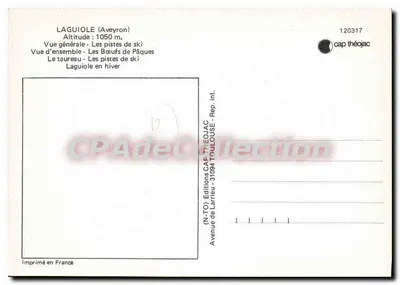 Laguiole — Vista geral, pistas de esqui, touro, inverno — Éditions Larrieu, n°12 — Verso