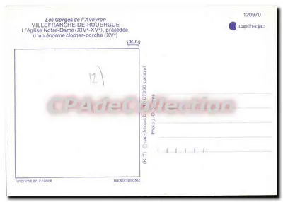 Villefranche-de-Rouergue — Katedra Najświętszej Maryi Panny (XIV–XV) poprzedzona ogromnym dzwonnikiem (XV) — IRIS — Rewers
