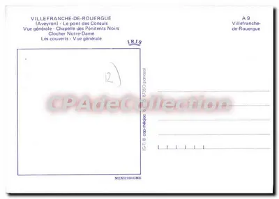 Villefranche-de-Rouergue — ogólny widok, most Konsulów, kaplica Pielgrzymów Czarnych, dzwonnica — wydawca IRIS, seria A 9 — Rewers