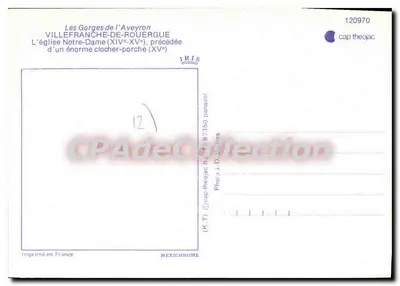 Stara pocztówka Gory Aveyron w Villefranche de Rouergue Kościół Najświętszej Panny Marii z ogromnym dzwonnikiem — Rewers