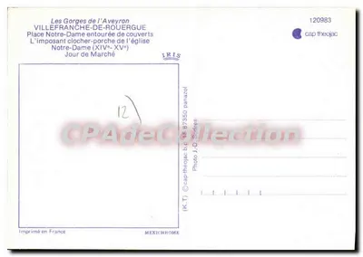 Stara pocztówka Villefranche de Rouergue Plac Najświętszej Panny Marii otoczony krytymi Imponujący dzwonnik portalu kościoła — Rewers