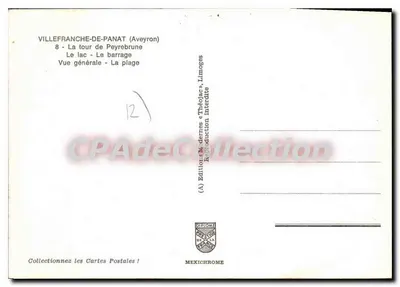 Villefranche-de-Panat — widok panoramiczny z wieżą, jeziorem i plażą — Wydawca Méderres, Limoges, nr 8 — Rewers