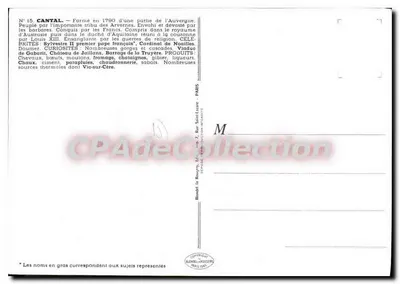 Cantal — Carta postal ilustrada com mapa, locais e produtos — Verso