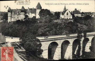 Culan (Cher) — Viaduto da estrada de Montluçon, lado Leste — Castelo e Igreja — Editor E.M. n°2