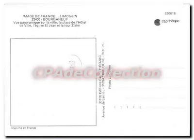 Bourgauneuf — Pejzaż miasta, katedra Świętego Jana i wieża Zizim — Éditions de Larrieu, n° 230618 — Rewers