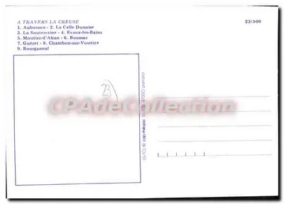 Creuse — Karta pocztowa turystyczna z mapą i zdjęciami miejsc — wydawnictwo CPAdéCollection, nr 23/500 — Rewers