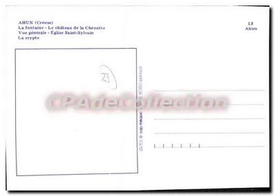 Ahun — vista geral, castelo, igreja Saint-Sylvain, cripta — Bilhete postal antigo de Collection n°13 — Verso