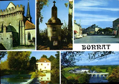 Bonnat — Igreja, fonte Saint-Sylvain, praça dos Árvores, moinho de Malval, ponte à Chatte — Edições Larrieu, Toulouse