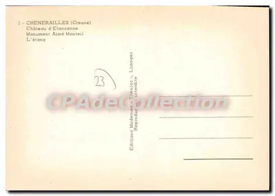 Chenerailles — Zamek Etansanne, Pomnik Aimé Monteil, Jezioro — Wydawnictwo "Théojac" — Rewers