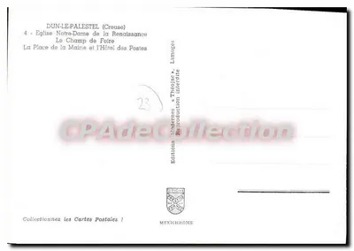 Dun-le-Palestel — Igreja de Nossa Senhora, Praça da Prefeitura e Edifício dos Correios — Edições Modernas & Théo Jac — Verso