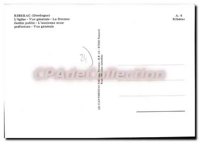 Ribérac — vista geral, igreja, jardim público, Dronne, antiga subprefeitura — Éditions Réunies Rétuniet, B.P. 15 - 87350 Panazol — Verso