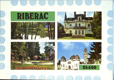 Riberac — vista da cidade, do castelo, do parque e da igreja — editor Théoja, n° 24600