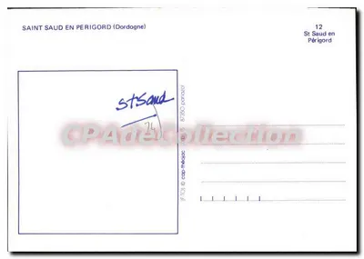 Saint Saud en Périgord — vista da cidade, igreja, riacho e monumento — CPAdeThébixoc, n°12 da série 87/350 — Verso