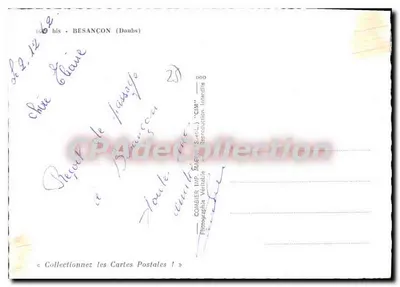 Besançon (Doubs) — widok panoramiczny z ilustracją kobiety i zegarów — wydawca Combier — Rewers