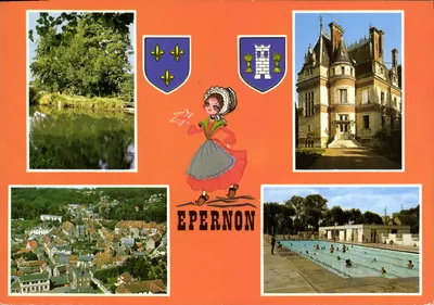 Epernon — Vista geral, castelo, piscina, margens da Drouette — Edições La Cigogne