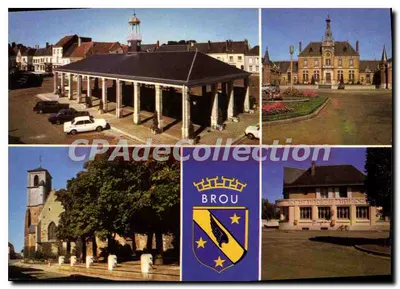Brou — Vista da halle, da prefeitura, da igreja e de um edifício — Edições 'La cigogne' Hachette